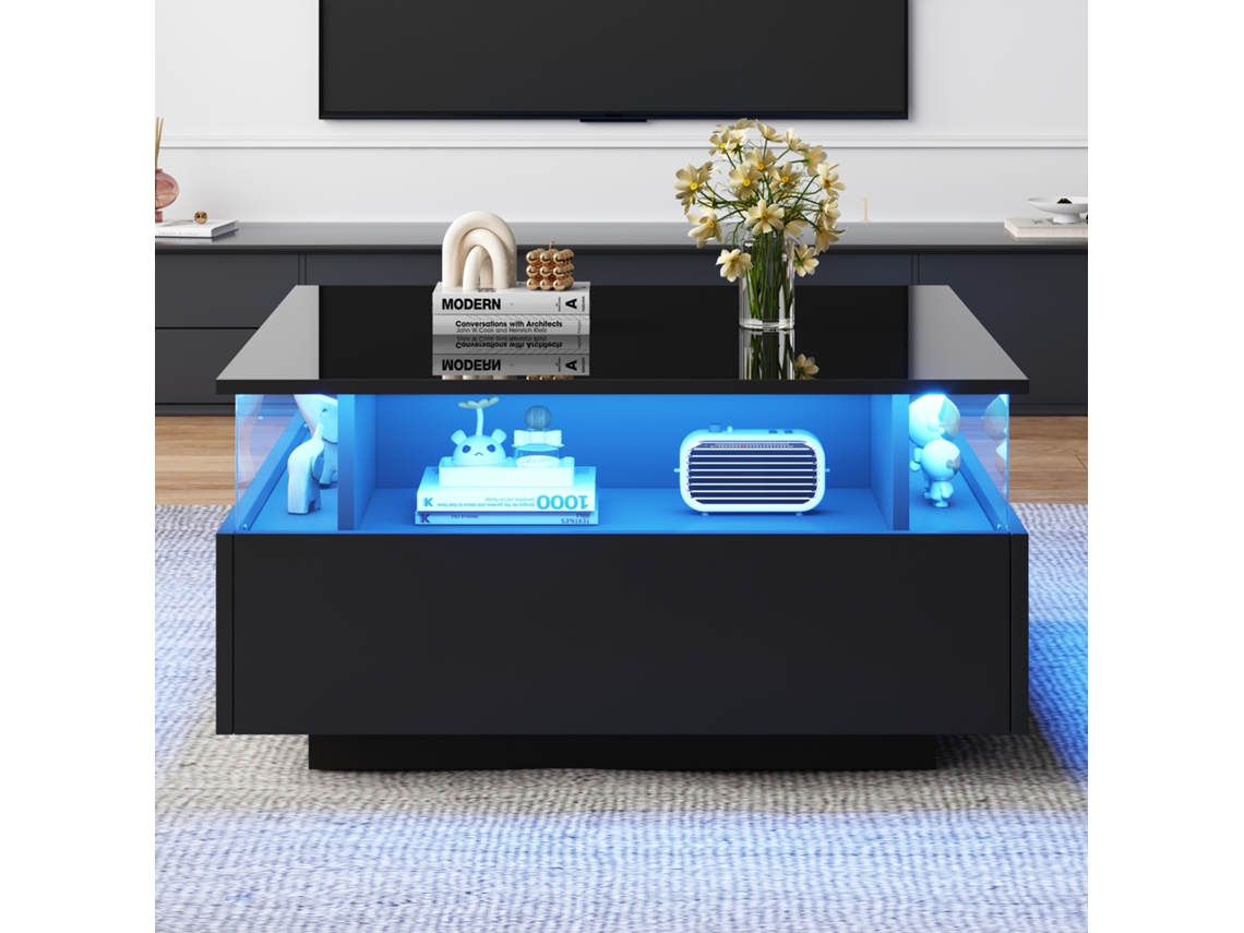 Mesa De Centro Moderna Com 2 Gavetas Compartimentos Envidraçados Preto Estilo