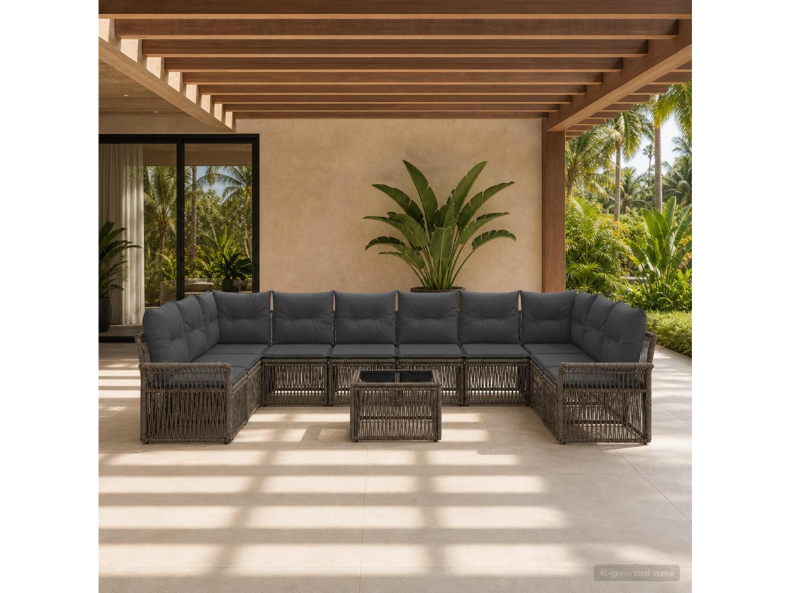 Vidaxl Conjunto De Sofá De Jardim 11 Pcs Cinzento Vime Pe