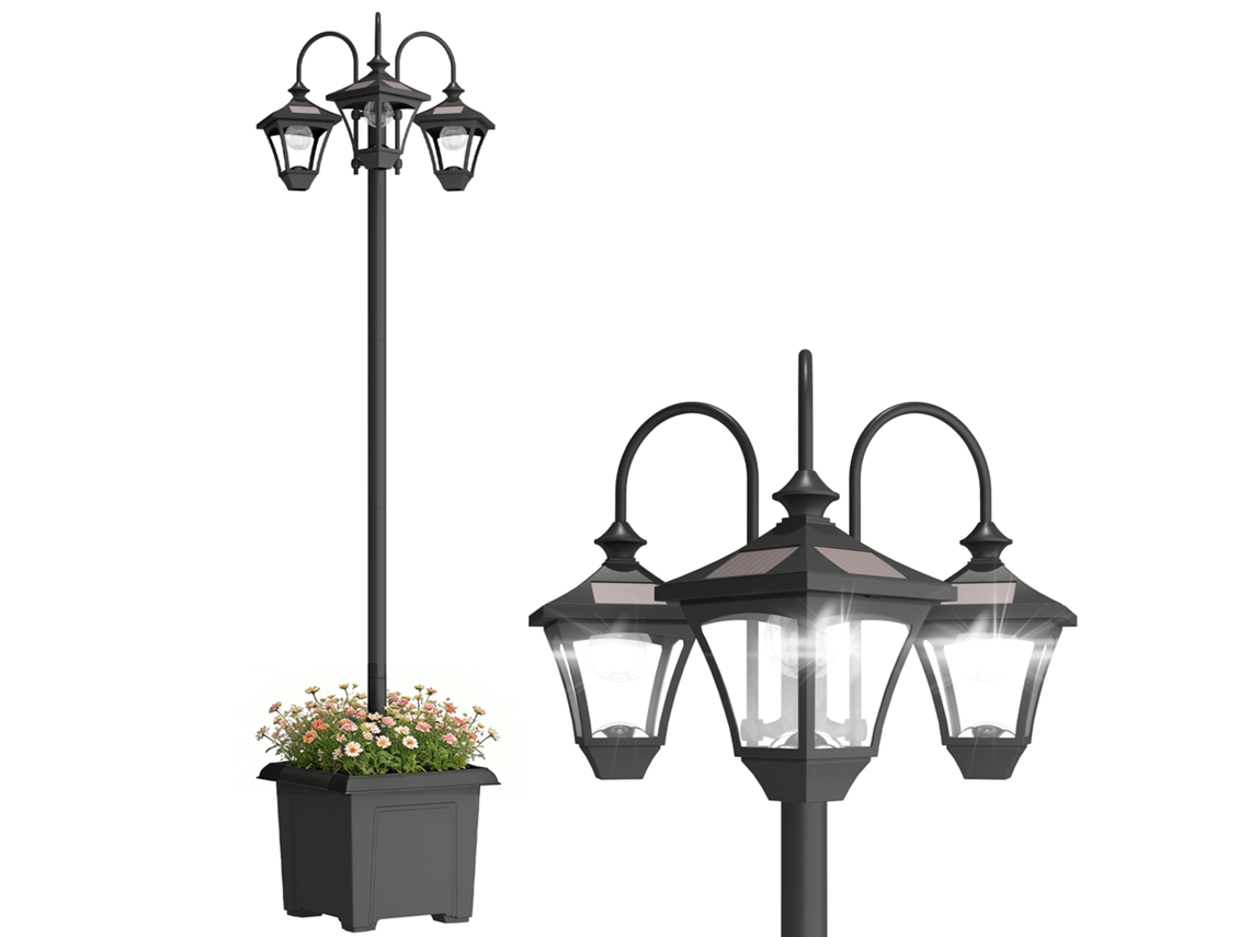 Luz solar externa com vaso, 3 cabeças, automática, impermeável, altura ajustável S/MARCA