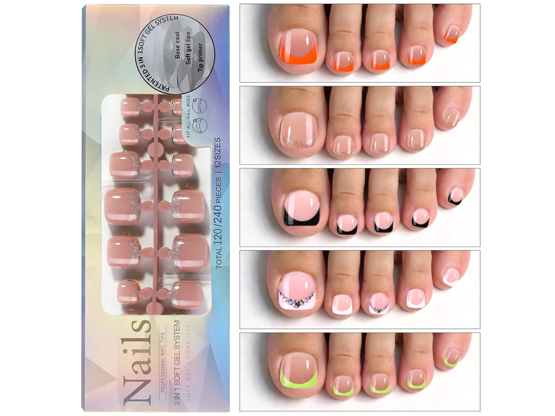120pcs Dicas De Unha De Pé Em Gel Francês Com 12 Tamanhos, Unhas Falsas Prontas Para Artesanato De Unhas Diy