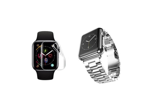 Kit Pulseira Bracelete Aço Stainless Lux Ferramenta Película de Gel Full Cover Apple Watch Series 5 40Mm ATYULNM Cinza