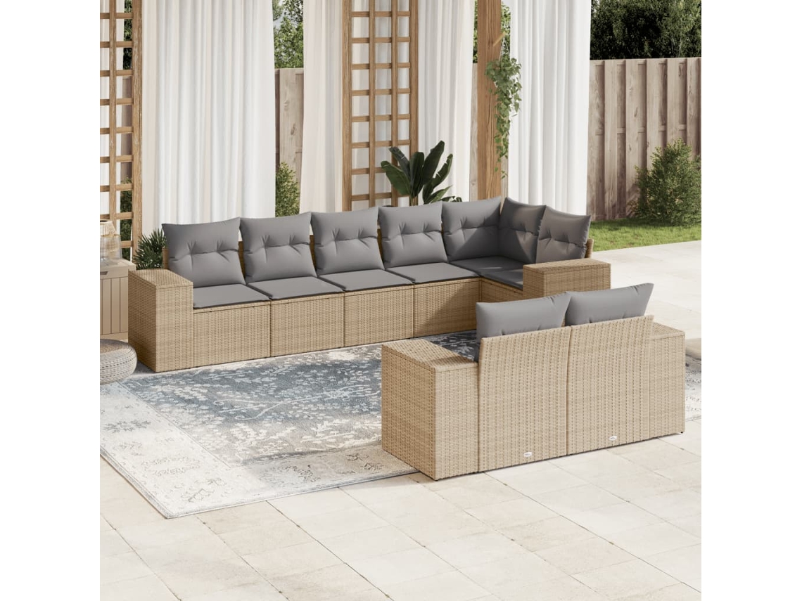 Vidaxl 8 Pcs Conjunto De Sofás P/ Jardim Com Almofadões Vime Pe Bege
