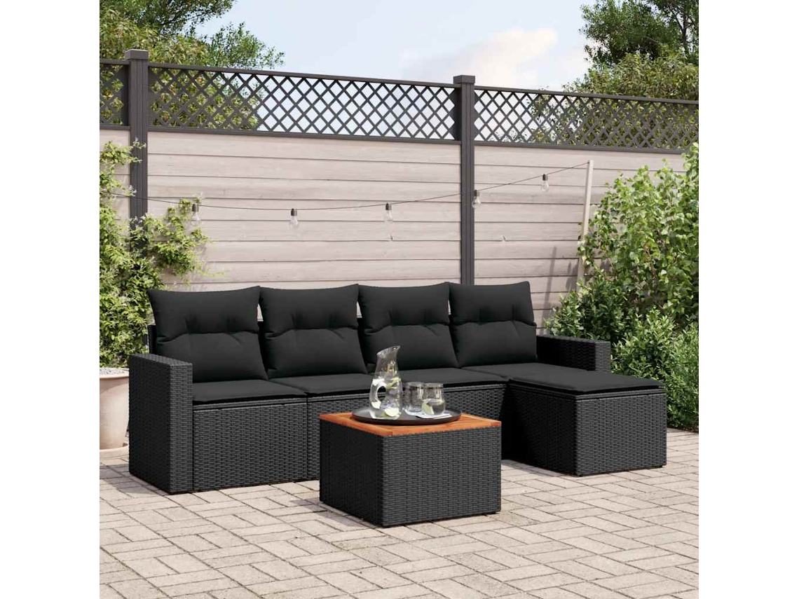 Vidaxl 6 Pcs Conjunto Sofás De Jardim C/ Almofadões Vime Pe Preto