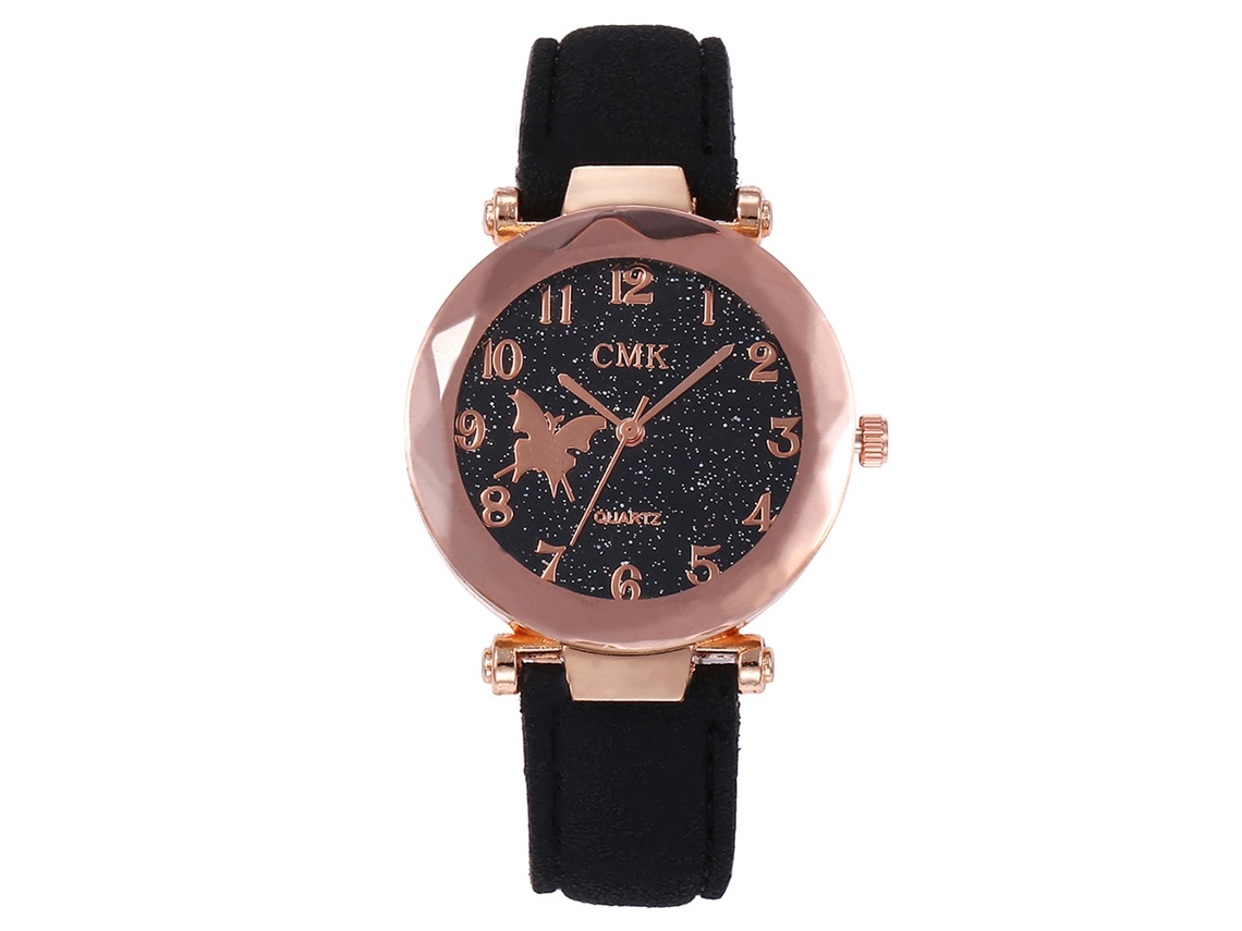 Relógio de Pulso Analógico de Quartzo Cmk64 Padrão de Borboleta Moda com Dial Redondo Preto