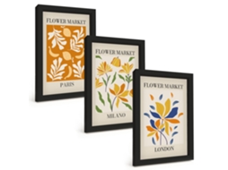 Conjunto De Pinturaspôsteres Florais Paris Milão Londres Moldura Preta Quadros Para A Sala De Estar Espelharte (3 Peças 20x30 Cm)