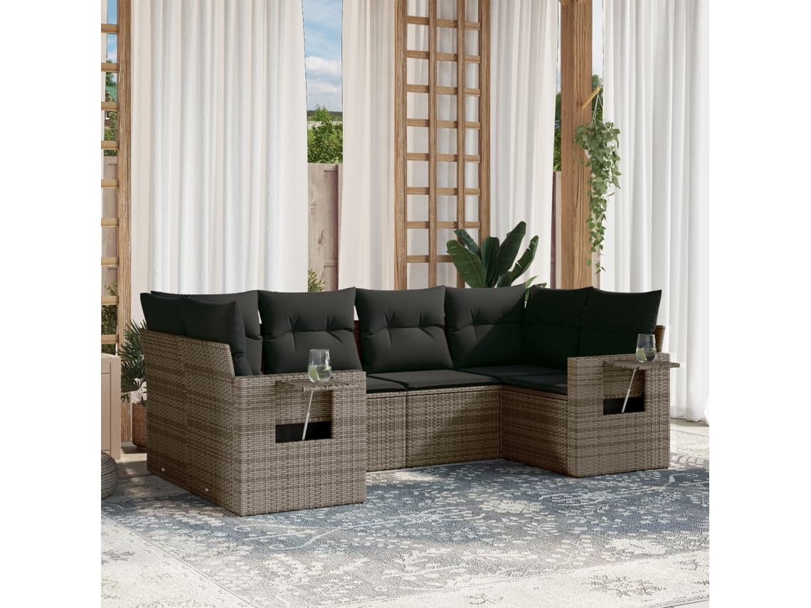 Vidaxl 6 Pcs Conjunto Sofás De Jardim Com Almofadões Vime Cinzento