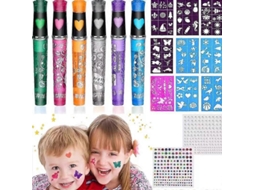 Caneta de Tatuagem Temporária com 6 Cores Glitter, Tatuagens Luminosas e Estênceis para Festas e Eventos