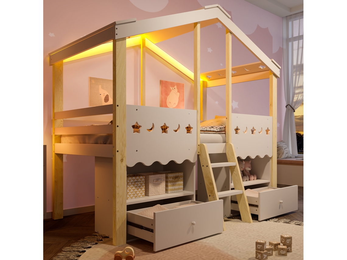 Cama Meia-altura 90x200cm Hausform 2 Gavetas Luz Led Branco Natural