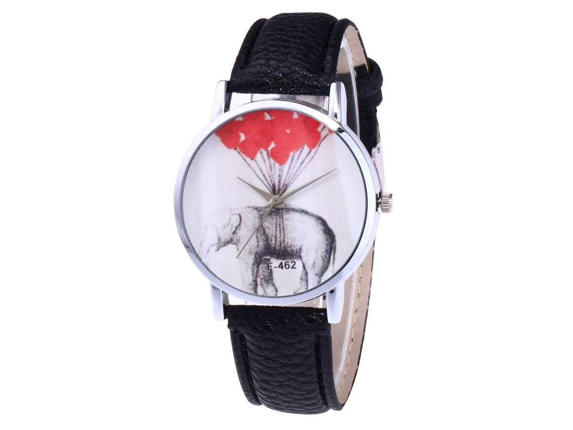Relógio de quartzo preto universal simples com pulseira de couro estampada com elefantes.