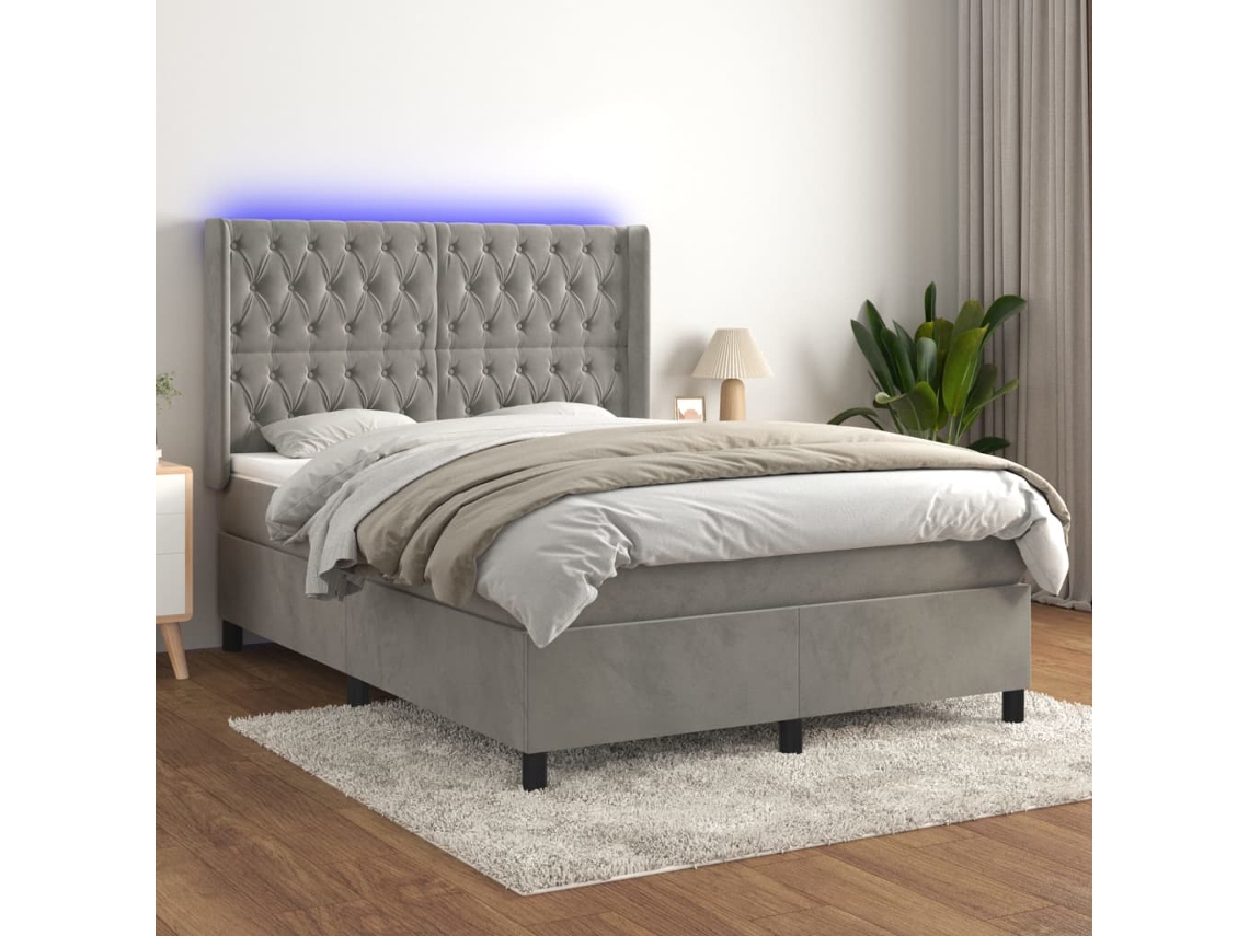 Cama Box Spring C/ Colchão/led 140x190 Cm Veludo Cinzento