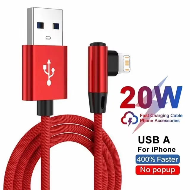 Cabo De Dados Usb De Carregamento Rápido Em Ângulo Reto (vermelho, 3 M) Para Iphone, Com Design Trançado E Curvado.