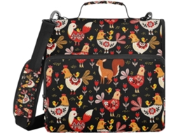 Pasta com estampa de galinha e veado, com zíper, alça de ombro, alça de calcanhar e alça de mão. Diversas opções de bolsas de 3 e 8 cm com 3 compartimentos. Formato sino.