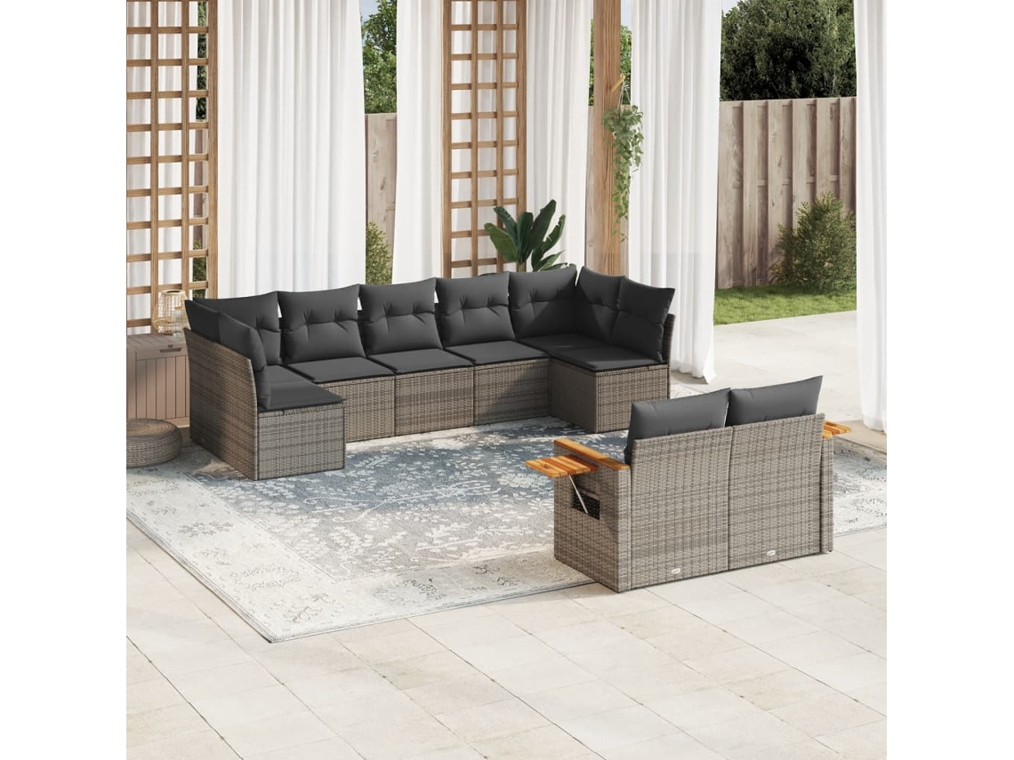Vidaxl 9 Pcs Conjunto Sofás P/ Jardim Com Almofadões Vime Pe Cinzento