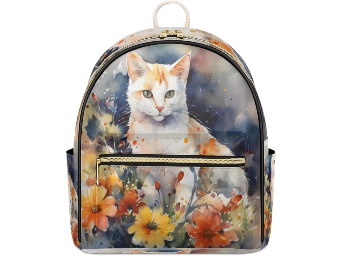 Mochila Tropicallife em couro com estampa de gato e flores em aquarela, impermeável.
