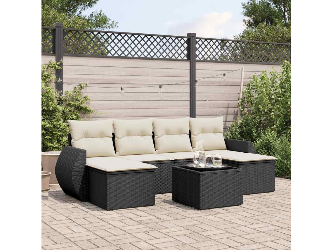 Vidaxl 7 Pcs Conjunto De Sofás P/ Jardim C/ Almofadões Vime Pe Preto
