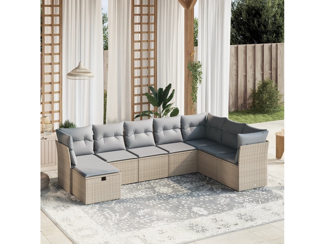 Vidaxl 8 Pcs Conj. Sofás Jardim C/ Almofadões Vime Pe Bege Misturado