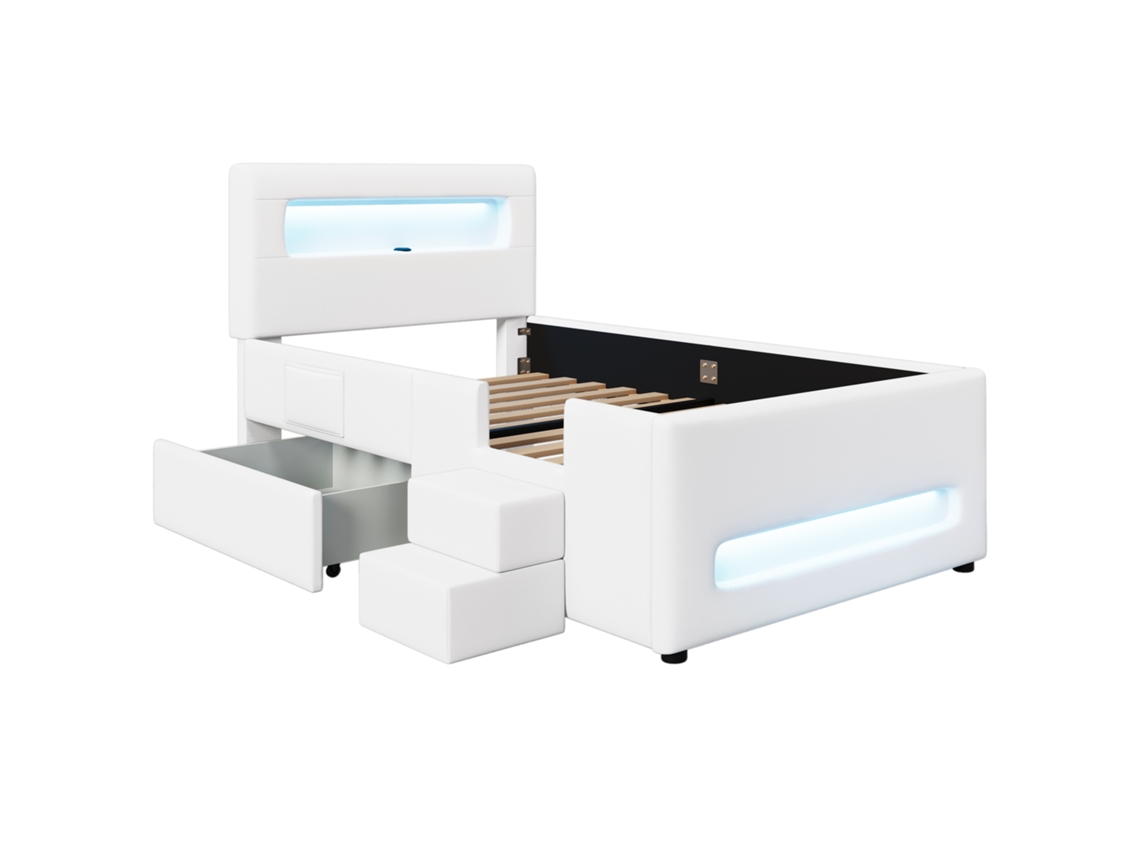 Cama de Plataforma Estofada 90x200 com Escada e Luz PAPRIKA