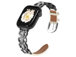 Bracelete para Apple Watch 42/41/40/38mm Híbrida: Aço Inoxidável com Diamantes e Couro Genuíno Preto + Branca XIAOMOYU