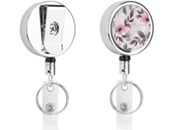 Porta Crachá Com Estampa De Flores E Folhas Rosa Sobre Fundo Cinza, Clipe Retrátil De Metal, Cordão De Nylon Portátil