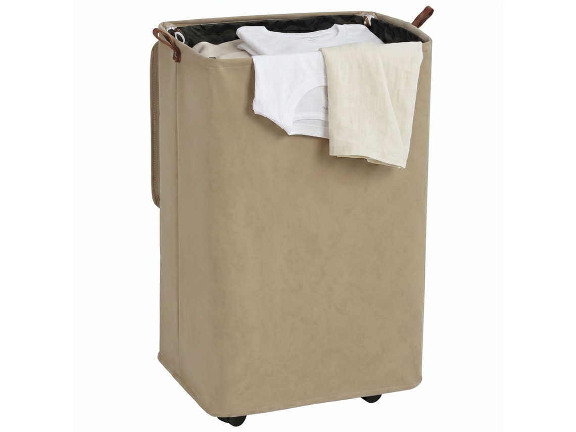 Cesto De Roupa Suja Com Tampa E Rodas. 50l. Dobrável Com Bolsa Com Cordão Removível. 40x30x65 Cm. Castanho