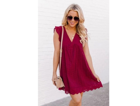 Vestido de Renda Manga Curta com Decote em V VCTEX  (Vermelho)