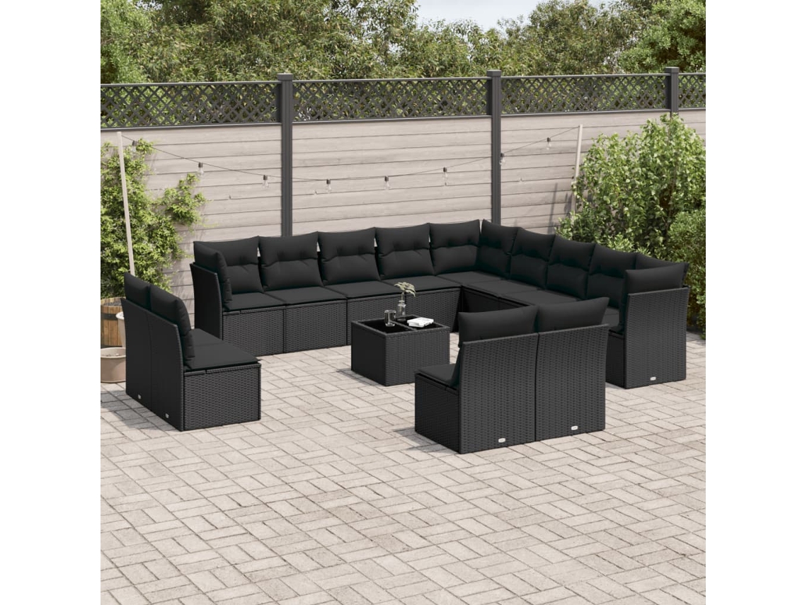 14 Pcs Conjunto De Sofás P/ Jardim C/ Almofadões Vime Pe Preto Dkd Home Decor