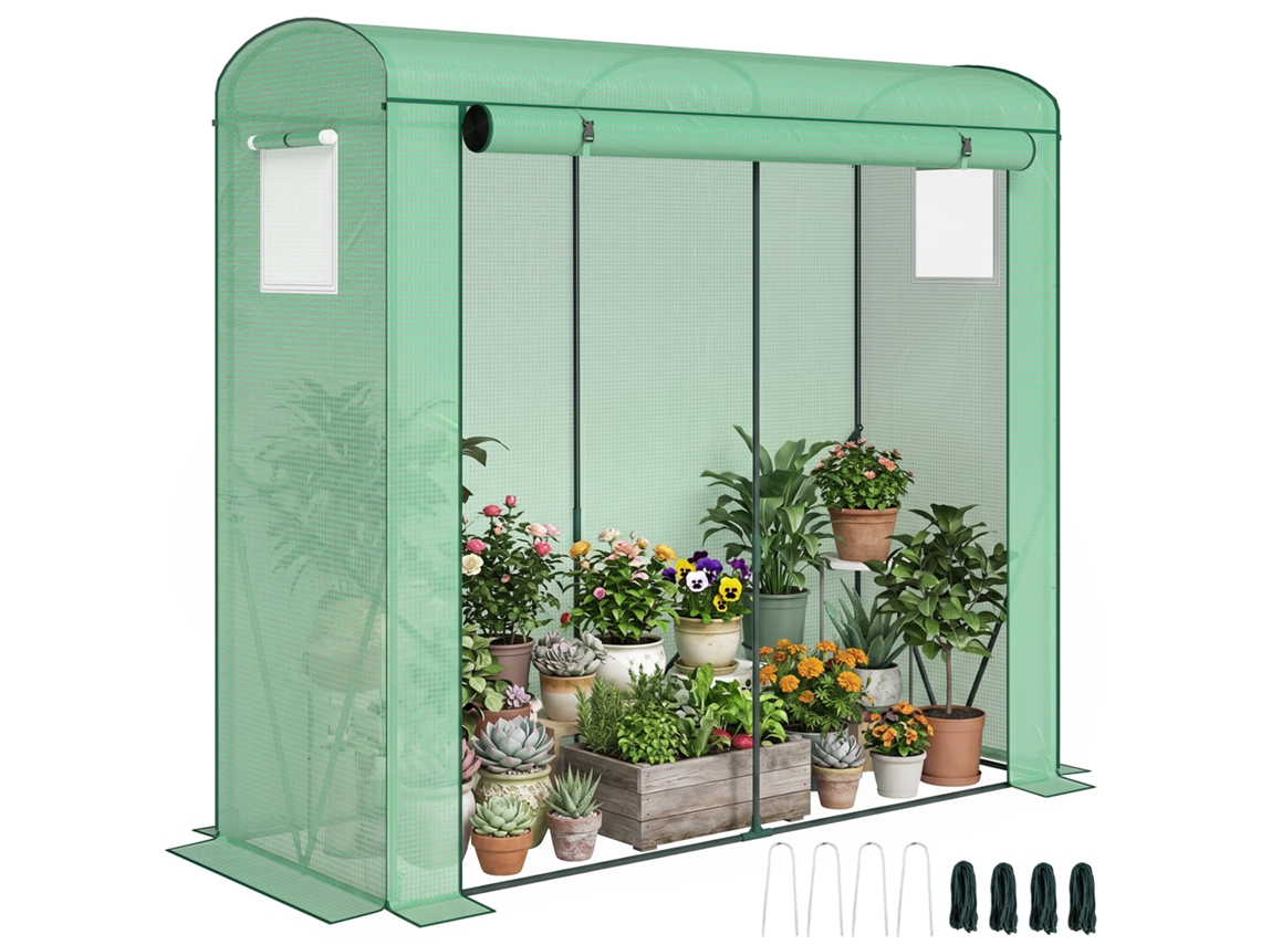 Gewächshaus With Netzfenstern Aufrollbarer Door. Foliengewächshaus From Steel 200 X 75 X 188 Cm Green