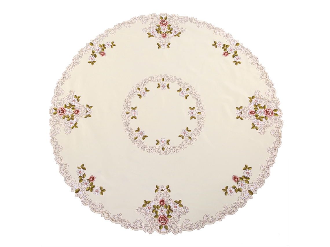 Mantel de Mesa Redondo Bordado Floral em Poliéster 120cm S/MARCA