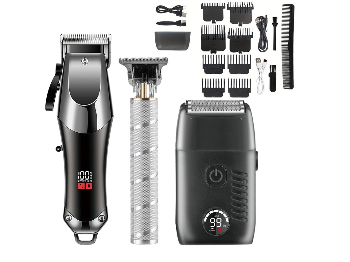 Conjunto de 3 Peças de Máquina Cortar Cabelo Recarregavel HENTEN HOME Ideal para Uso Doméstico Prata