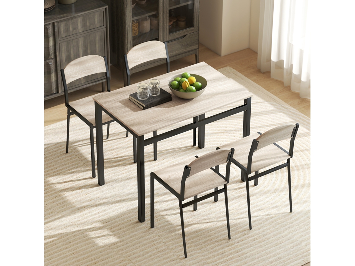 Conjunto De Jantar Com Mesa Retangular E 4 Cadeiras Em Aço E Mdf, Nas Cores Preto E Carvalho.