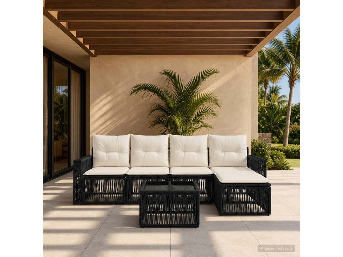 Vidaxl Conjunto De Sofá De Jardim 6 Unid. Preto E Branco Creme Vime Pe