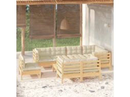 Vidaxl 9 Pcs Conjunto Lounge Jardim C/ Almofadões Creme Pinho Maciço
