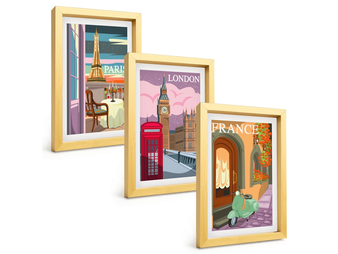 Conjunto De Pinturasvistas Retrô De Paris E Londres Moldura Dourada Quadros Para A Sala De Estar Espelharte (3 Peças 20x30 Cm)