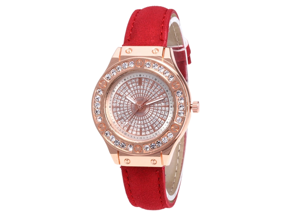 Relógio de Pulso Feminino de Quartzo com Pulseira de Couro Pu e Strass Vermelho