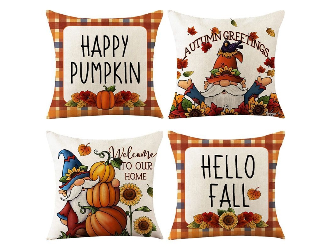 Conjunto de 4 Capas de Almofada de Inverno com Abóbora e Xadrez 45x45cm para Sofá S/MARCA
