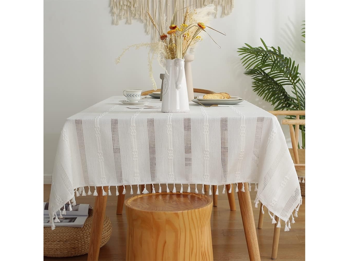 Toalha De Mesa Quadrada Resistente A Manchas, De Linho E Algodão, Com Borlas Bordadas, Para Mesa De Centro E Decoração De Escritório (branca, 140 X 18