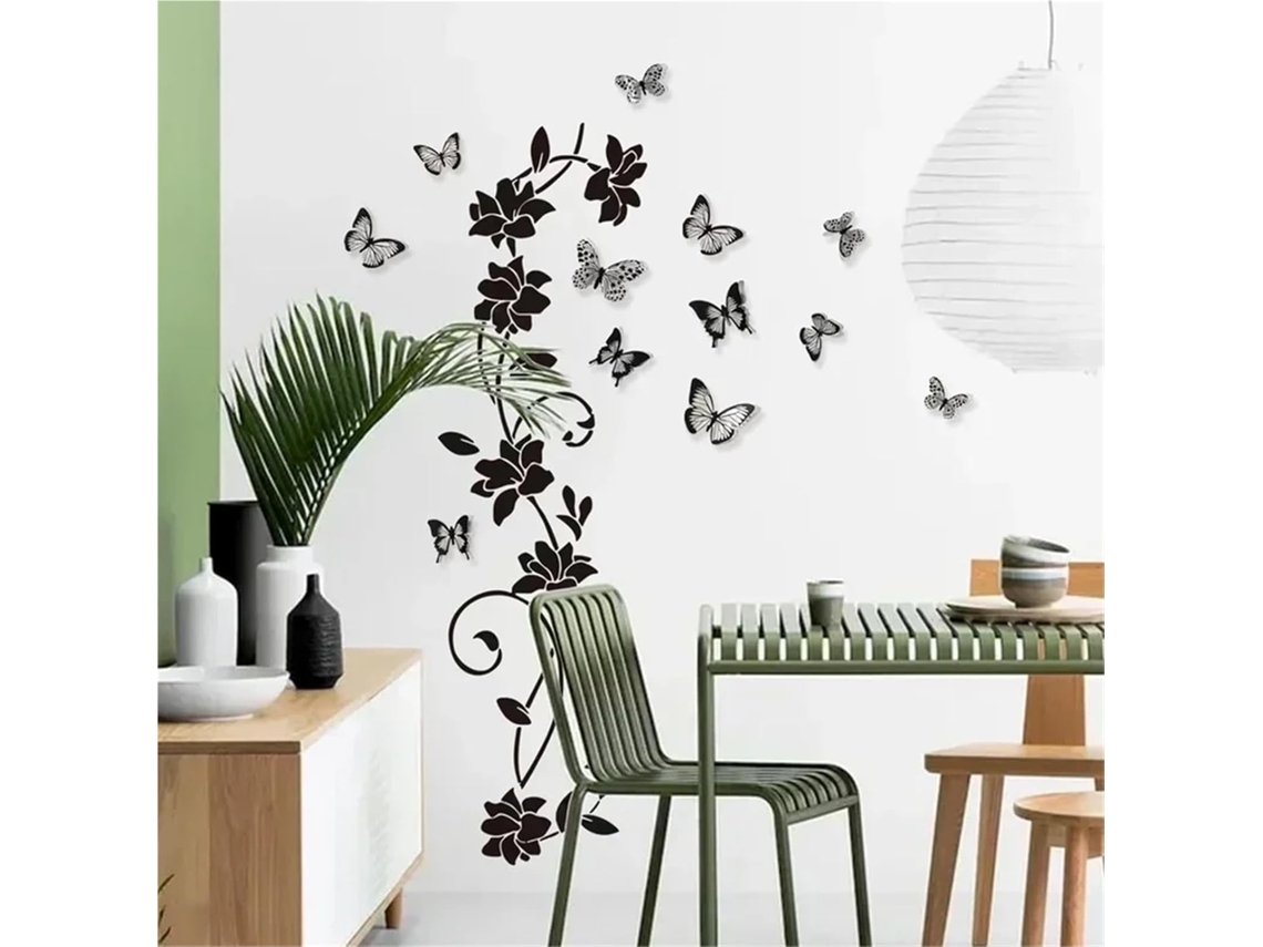 Adesivo De Parede Removível Com Borboleta Preta Em Trepadeira, Fundo Decorativo Para Quarto.