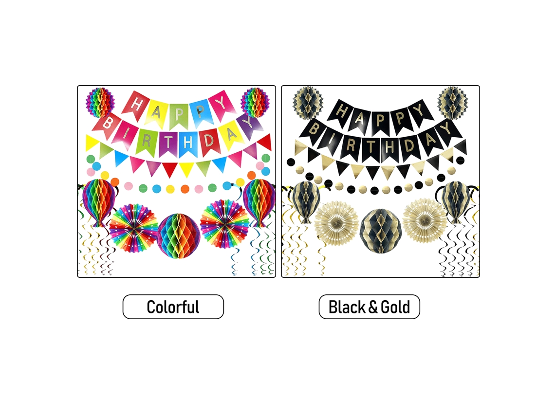 Conjunto de 18 Decoração de Festa Feliz Aniversário em Papel Preto e Dourado para Festas Temáticas Casamentos e Chás | S/MARCA