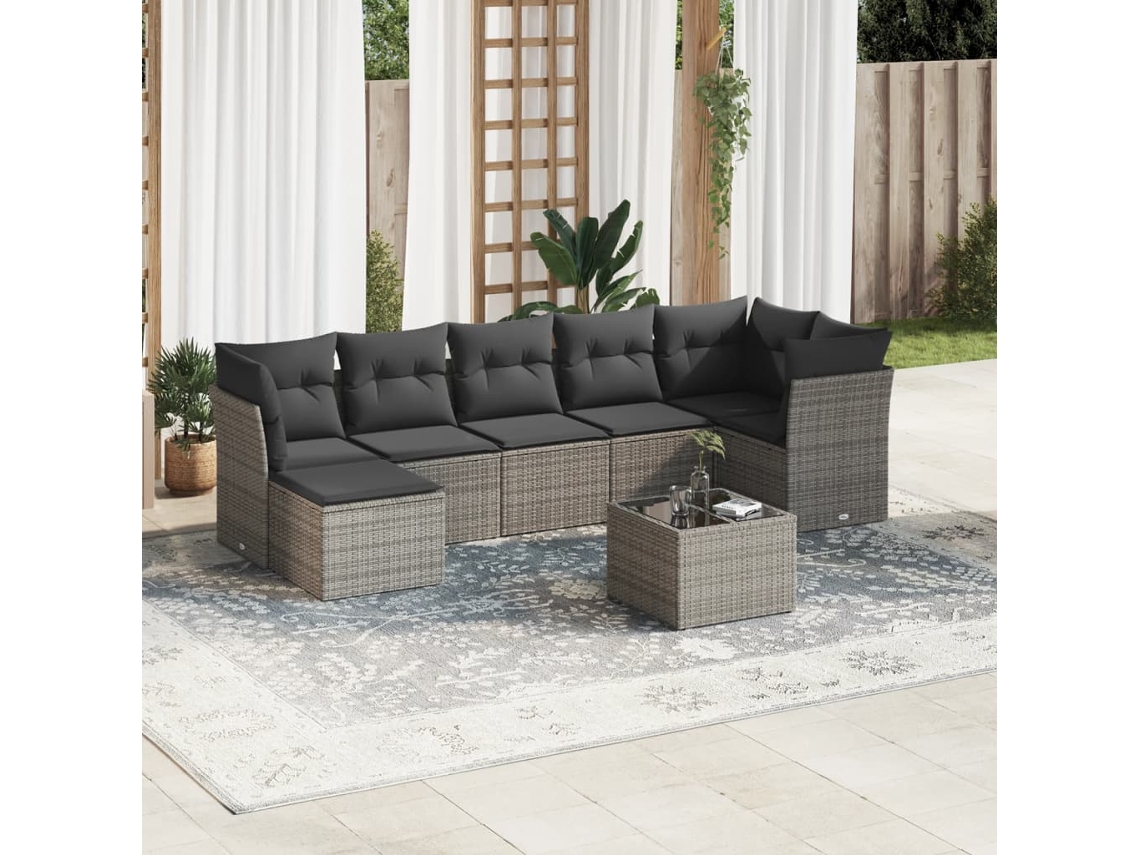 Vidaxl 8 Pcs Conjunto Sofás de Jardim C/ Almofadões Vime Pe Cinzento