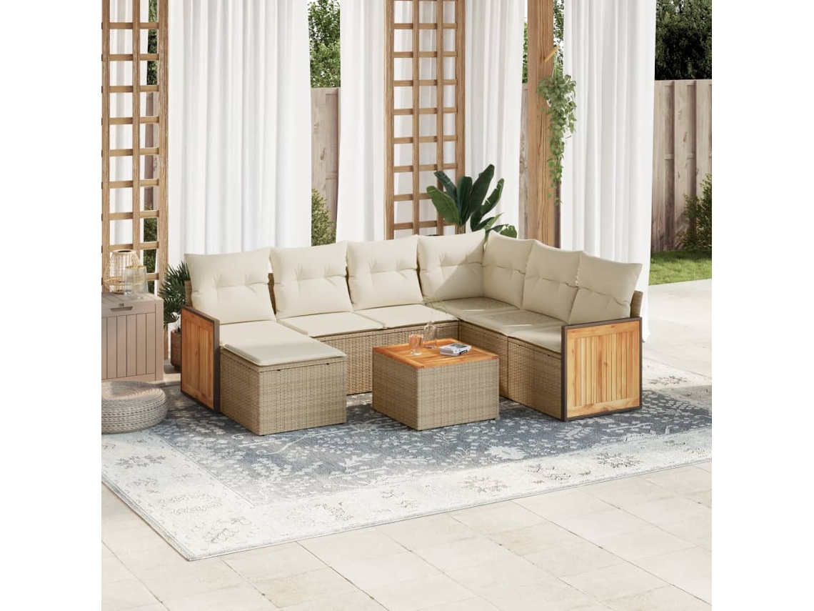 Vidaxl 8 Pcs Conjunto De Sofás P/ Jardim Com Almofadões Vime Pe Bege