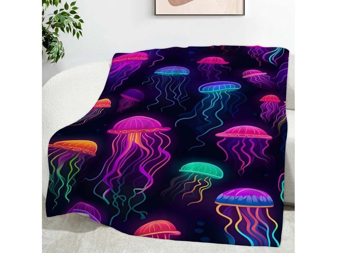 Manta com Estampa de Animais Marinhos e Águas vivas 150x200 Cm Multifuncional Macia Aconchegante em Flanela Id
