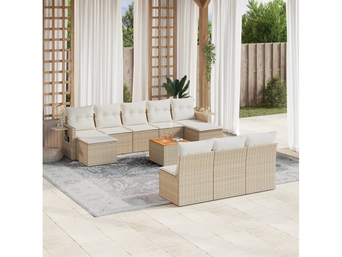 Vidaxl 11 Pcs Conjunto Sofás De Jardim C/ Almofadões Vime Pe Bege