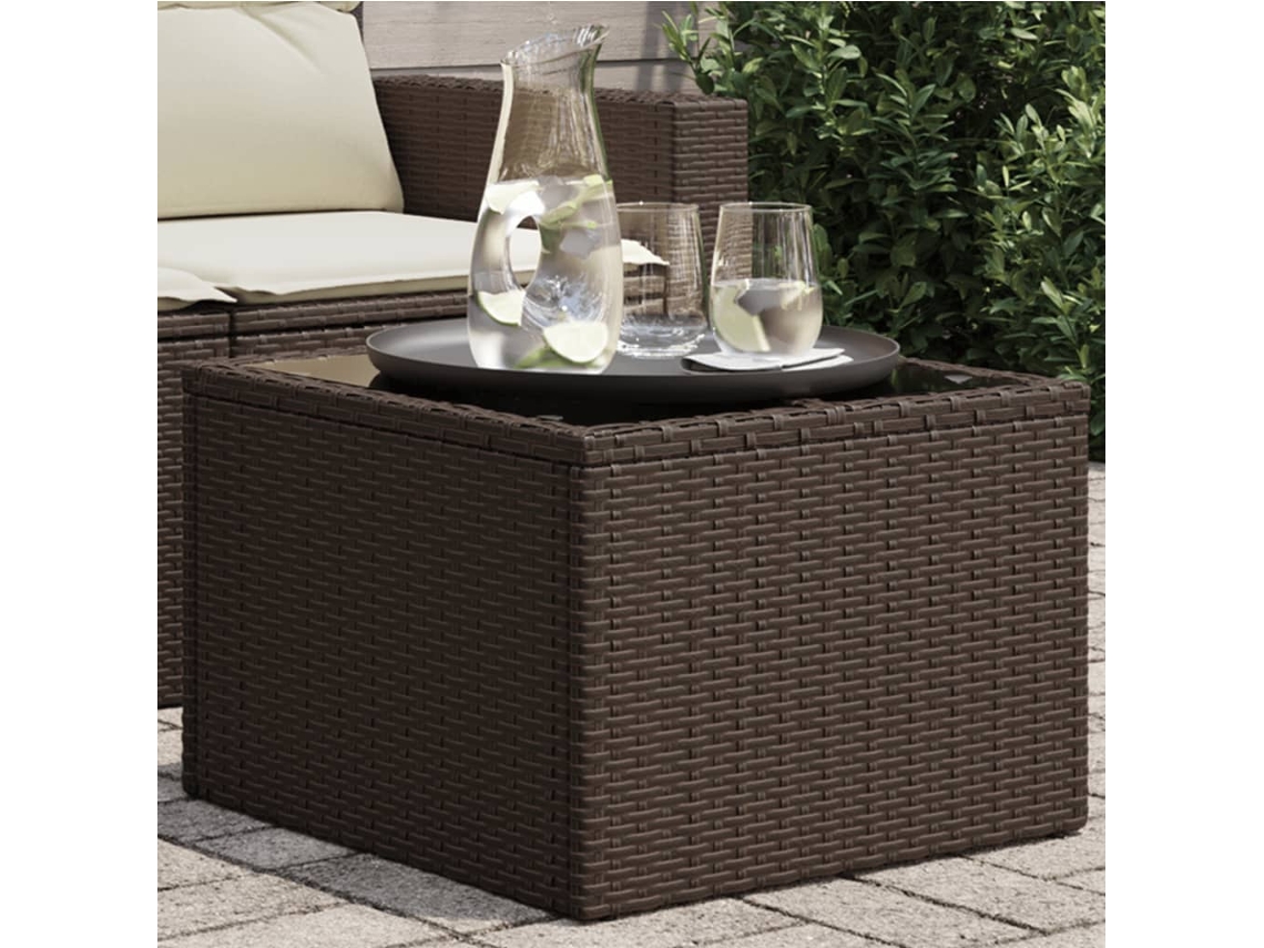 Vidaxl Mesa De Jardim Com Tampo De Vidro 55x55x37 Cm Vime Pe Castanho