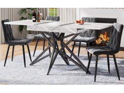 Mesa Extensível 120/160×80cm Pés Em Estrela Metal Preto Tampo Aspeto Nogueira Ou Mármore