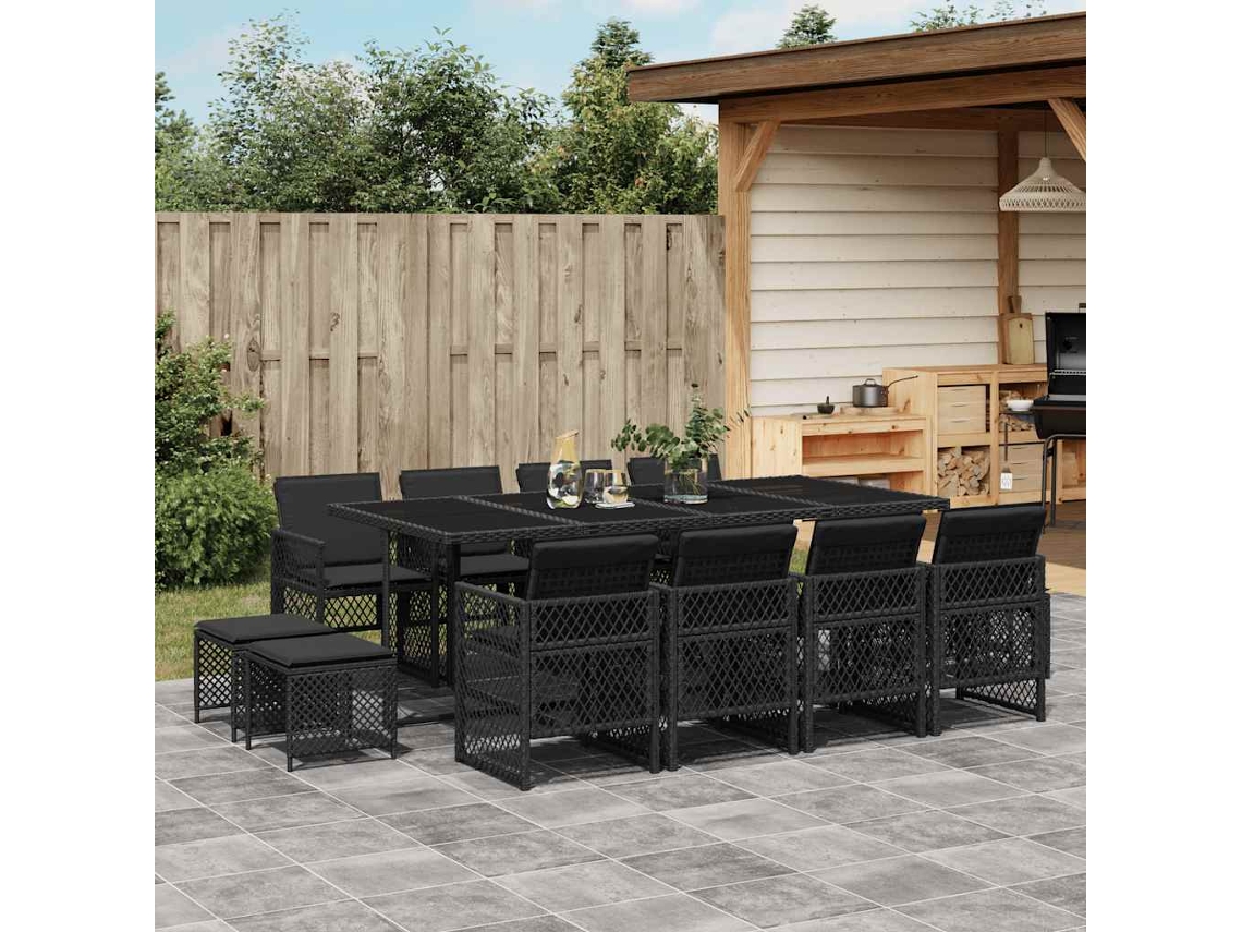 Vidaxl 13 Pcs Conjunto De Jantar P/jardim Com Almofadões Vime Pe Preto
