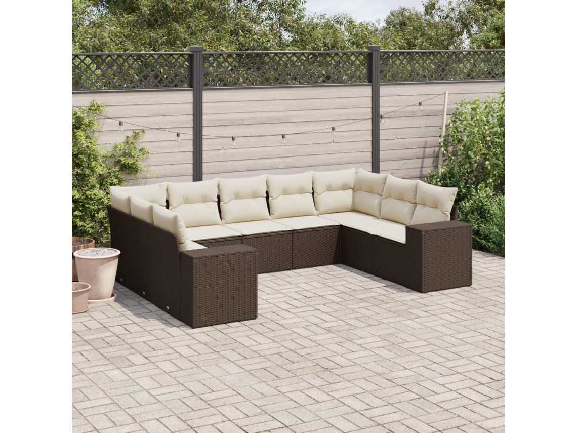 Vidaxl 9 Pcs Conjunto Sofás P/ Jardim C/ Almofadões Vime Pe Castanho