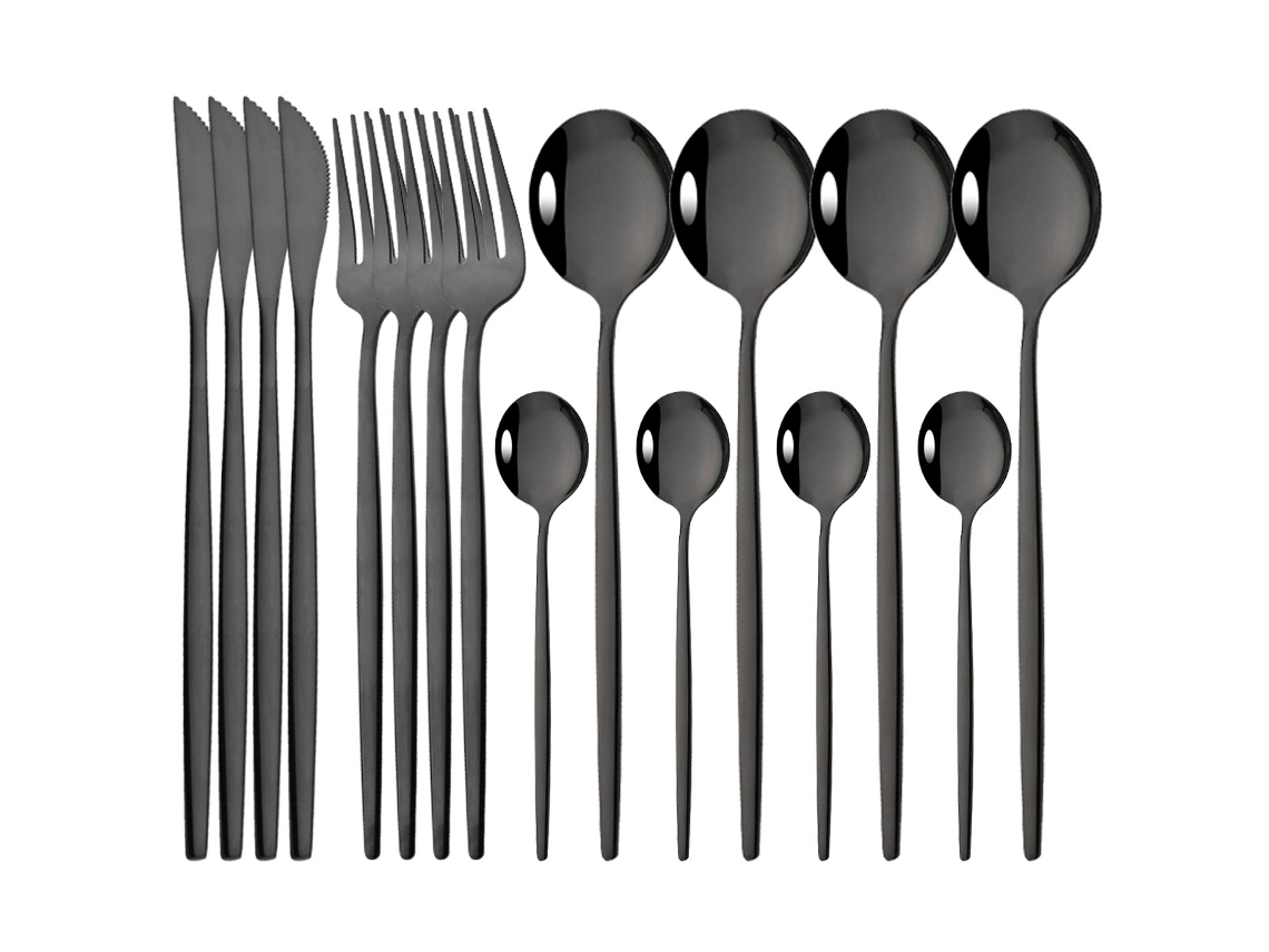 Conjunto de Talheres de 16 Peças , em Aço Inoxidável com Acabamento Espelhado, Incluindo Garfo, Colher e Faca. MDUG (preto)