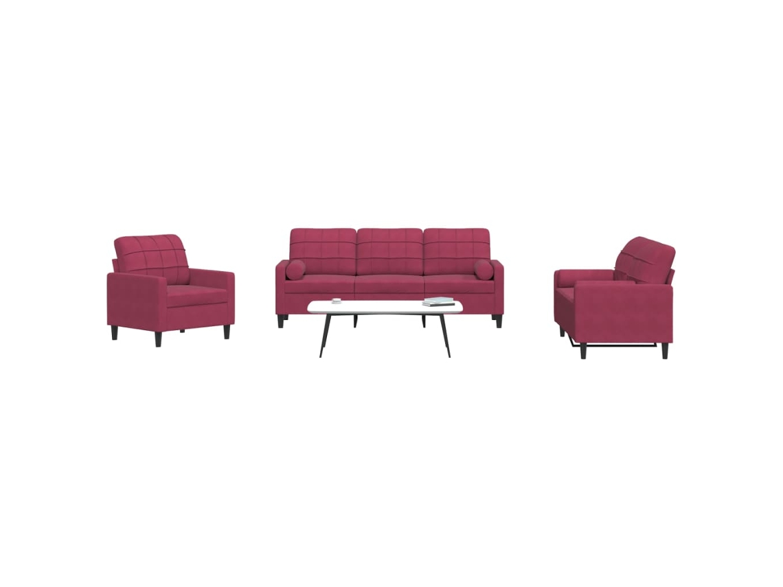 Vidaxl 3pcs Conjunto Sofás C/ Almofadões E Rolos Veludo Vermelho Tinto