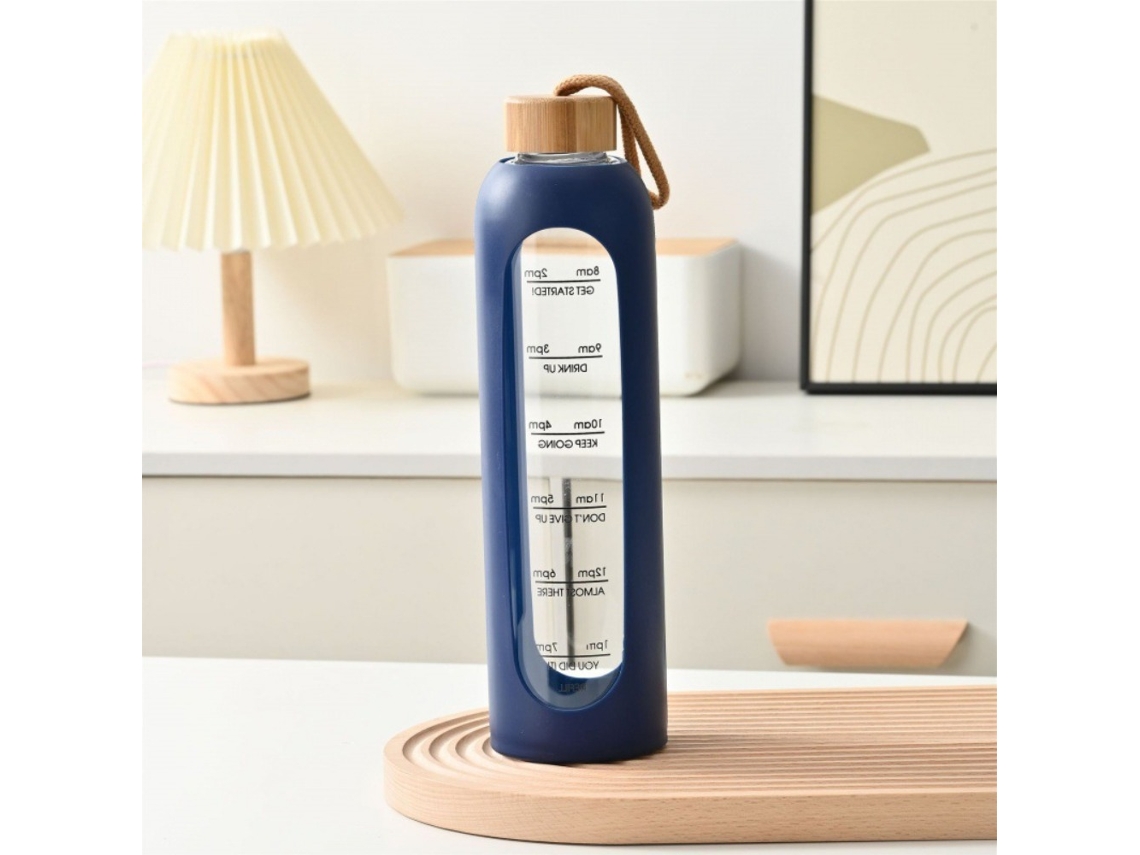 (azul) Garrafa De Água Esportiva De Vidro De 1 Litro (32 Oz) Com Marcações De Tempo E Tampa De Bambu.