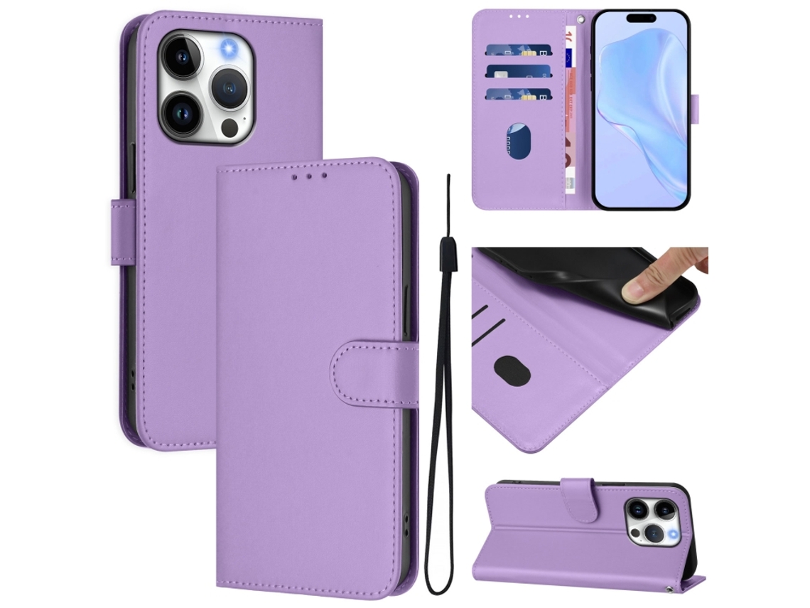 Capa De Couro Sintético Para Iphone 16 Pro - Toque Suave - Cor Sólida - Com Cordão